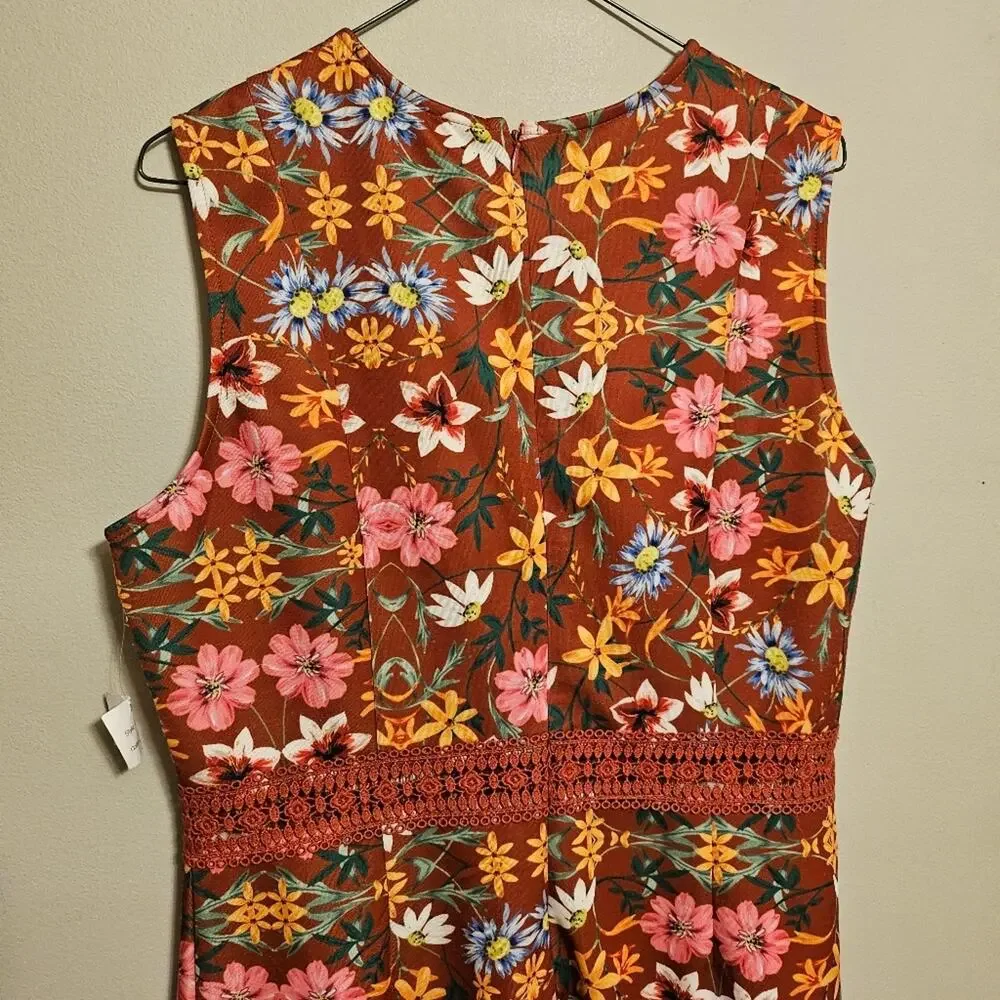 Alexia Admor Justine Lace Trim Flounce Hem Dress Floral Rust Color Large NWT